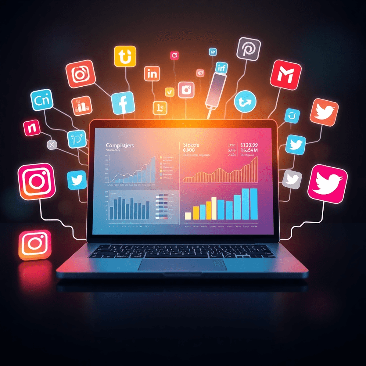 Open laptop with graphs and statistics, surrounded by social media icons like Instagram, Facebook, and Twitter, in a modern and vibrant atmosphere.